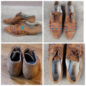Vtg Coasters Suede Lace-Up Loafer Shoes Native Embroidery